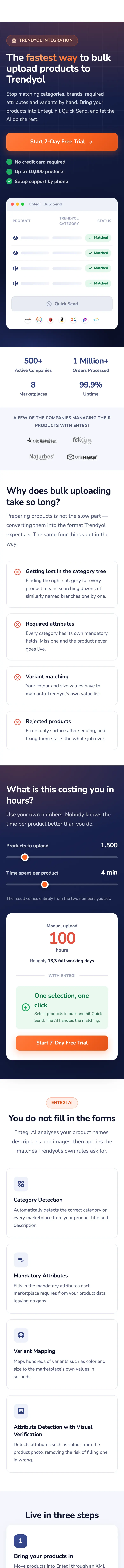 Entegi Trendyol bulk upload page on a phone