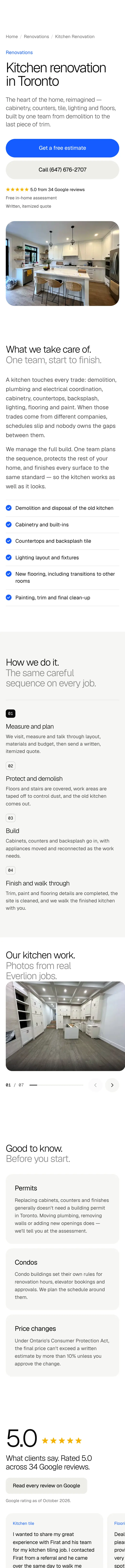Everlion Construction kitchen renovation page on a phone
