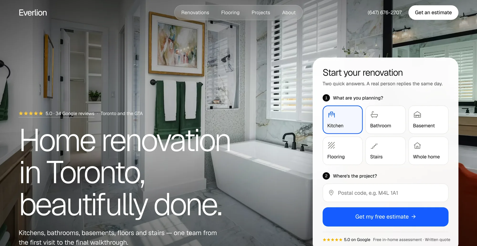 Everlion Construction homepage on a desktop computer