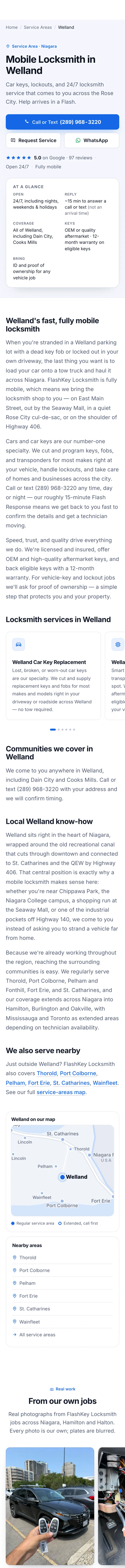 FlashKey Locksmith Welland page on a phone