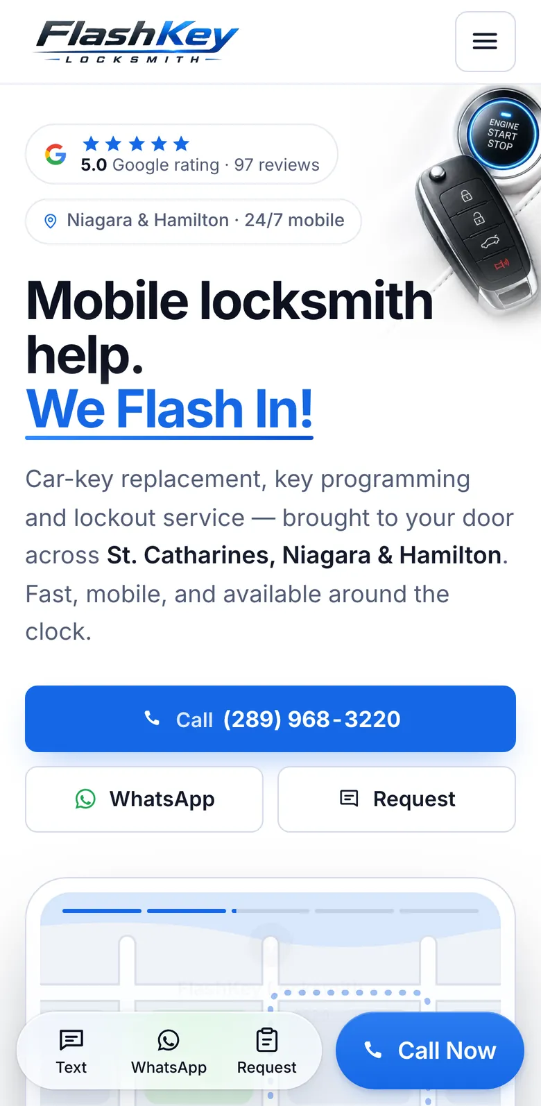 FlashKey Locksmith homepage on a phone, with Call Now at the bottom