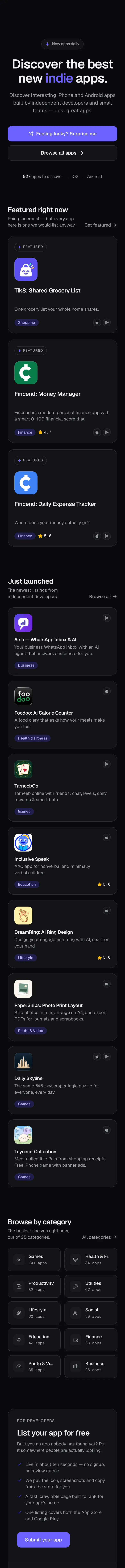 Get Indie Apps homepage on a phone