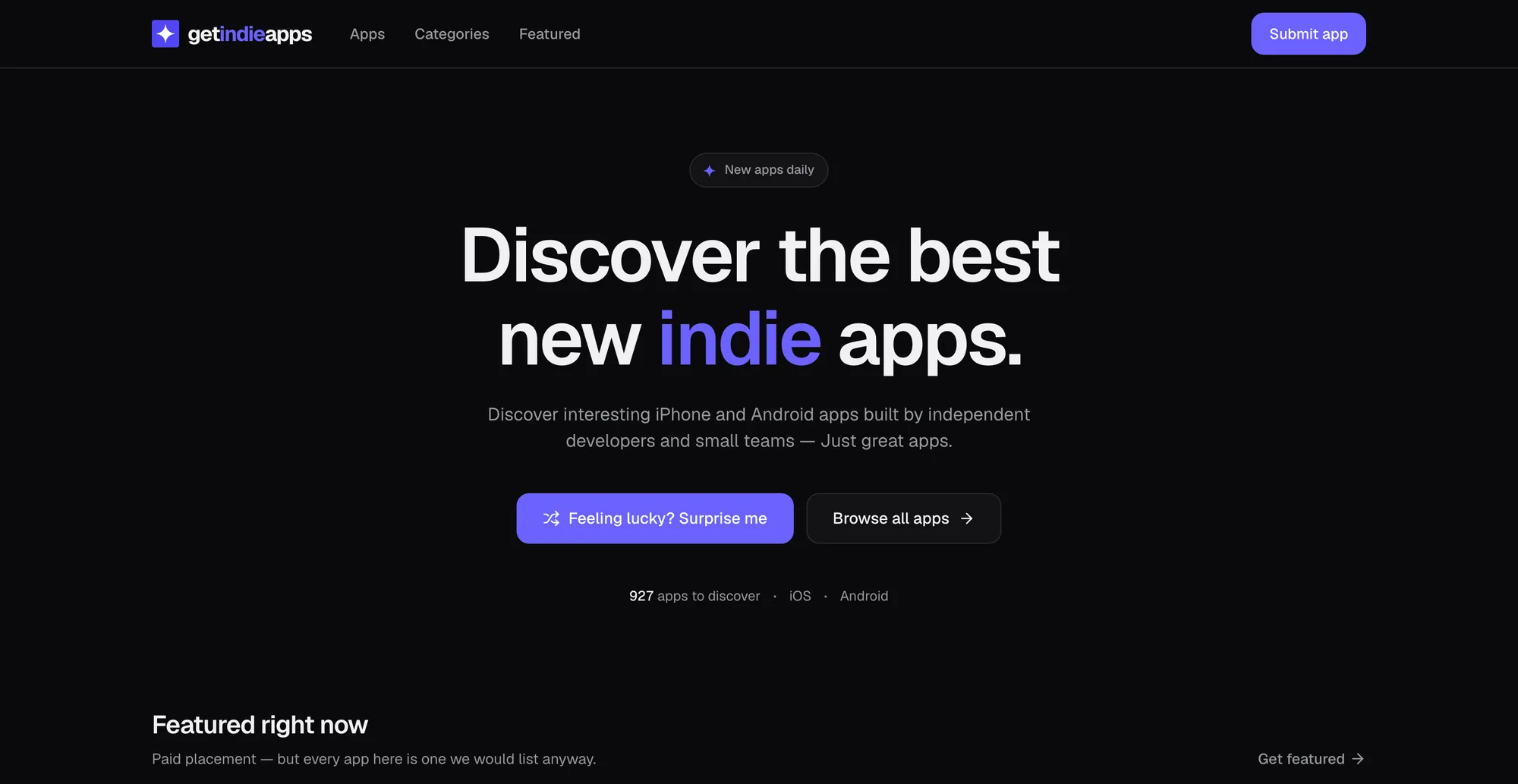 Get Indie Apps homepage on a desktop computer