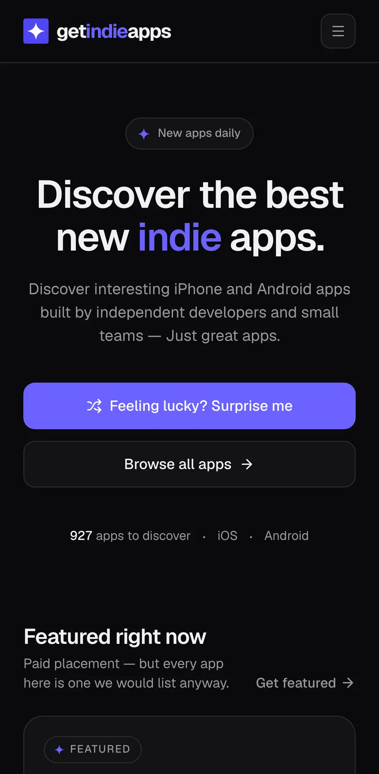 Get Indie Apps homepage on a phone