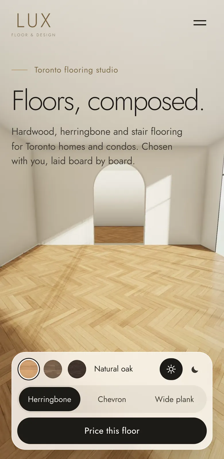 Lux Floor & Design homepage on a phone, with the room and its controls