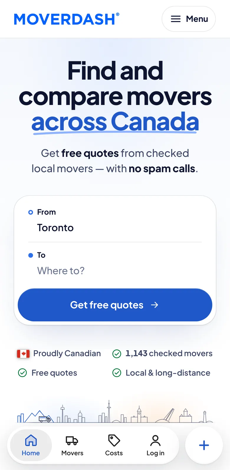 MoverDash homepage on a phone, with the quote form