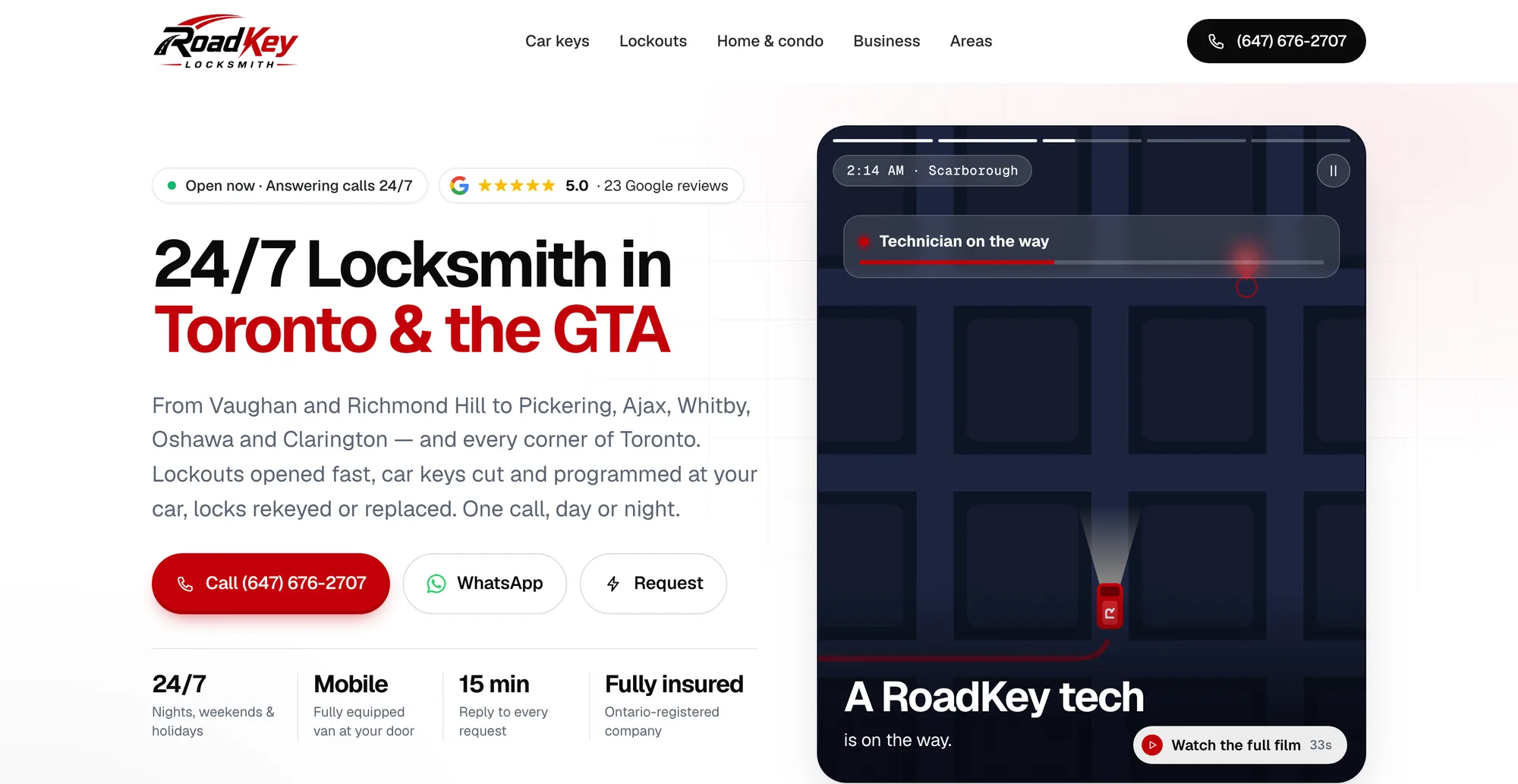 RoadKey Locksmith homepage on a desktop computer