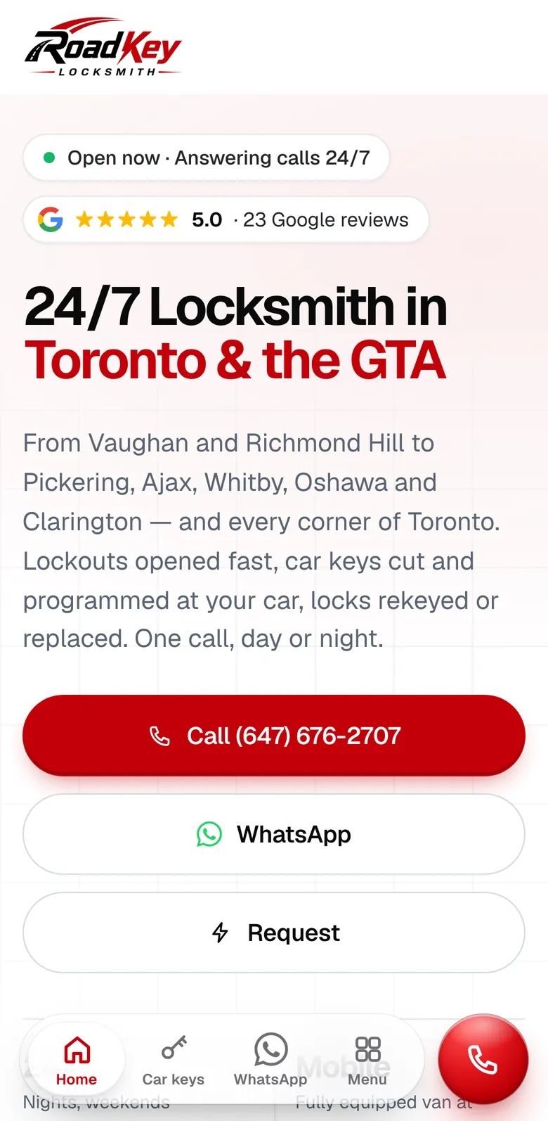 RoadKey Locksmith homepage on a phone, with Call, WhatsApp and Request