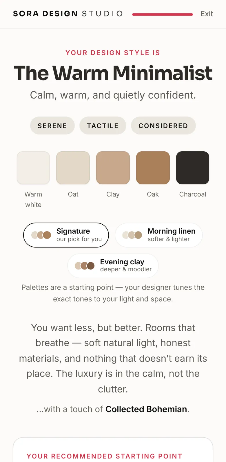 Sora Design style quiz result on a phone: The Warm Minimalist